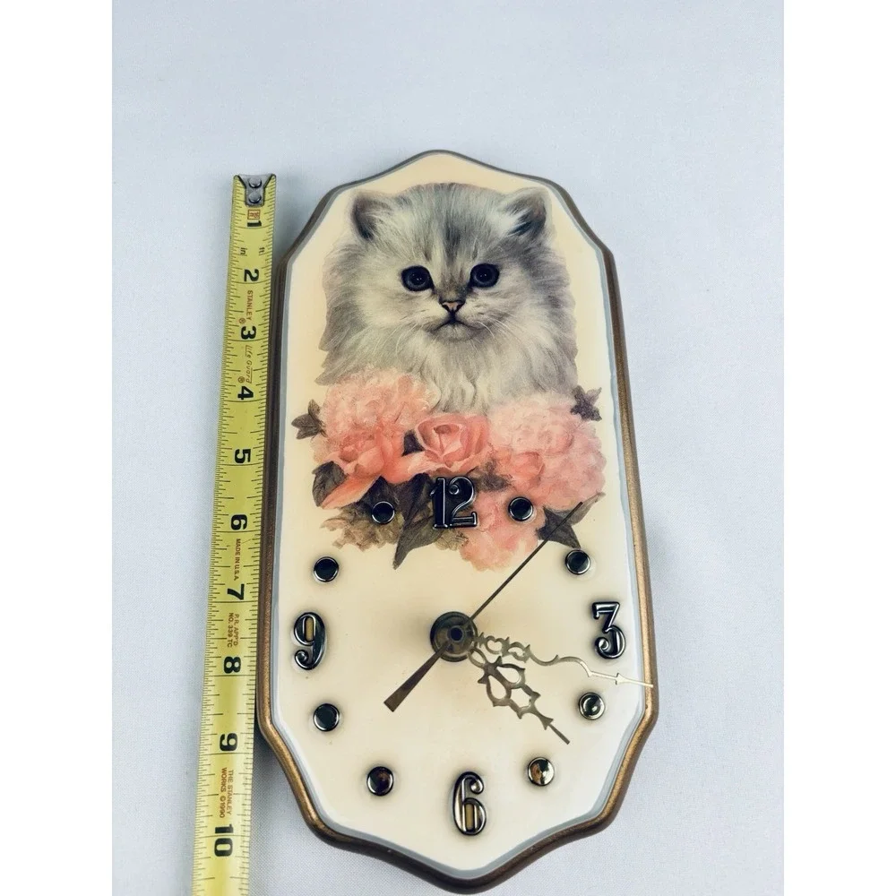 Vintage Ceramic Kitten Cat Wall Clock Flowers Tochigi Quartz Retro Kitschy Works